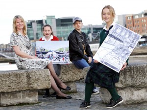 L to R: Vicki Hazelden from Walkers Law Firm, Sarah Louise Donohoe 1st prize in the ‘Up to Junior Cert’ category, artist Rasher and Sophie Ryan 1st prize in the ‘Up to Leaving Cert’ section.