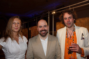 Artist Jordi Forniés (centre) with Magda and Derek at the exhibition opening