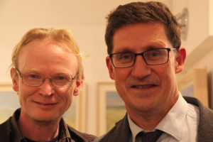 Frank O'Dea of the Balla Ban Gallery with Eamon Ryan of the Green Party at the exhibition opening (photo Liam Madden)
